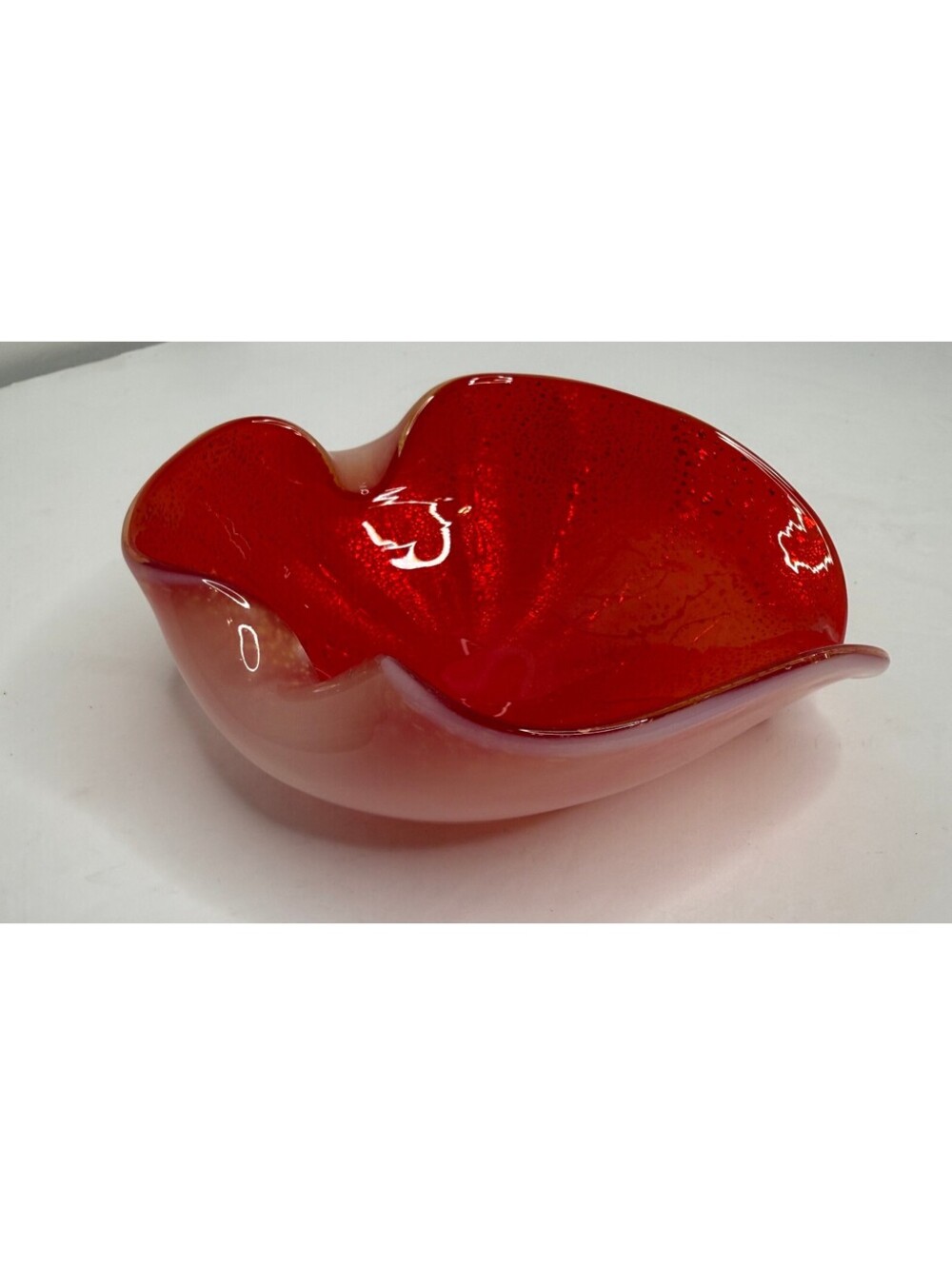 Vintage Murano Style Red Pink Art Glass Ashtray Bowl Controlled Bubble